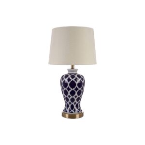 PALOMA Table Lamp with white ceramic base featuring blue quatrefoil motifs, gold metal base and finial, and soft linen shade for elegant ambient lighting.