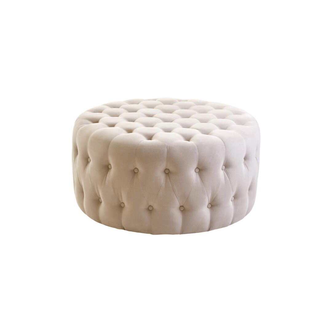 LUCRA Beige Velvet Footstool – round beige velvet footstool with button tufting and foam padding.