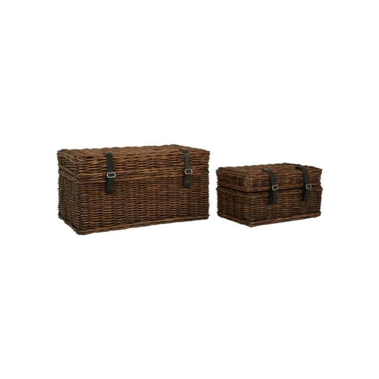 PORTIA Rattan Trunk Set in antique brown handwoven rattan with black faux leather straps and silver buckles, rustic storage trunks with hinged lids and spacious interiors.