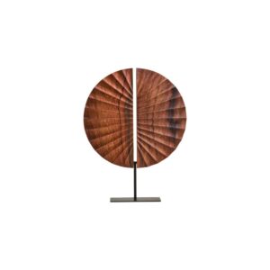 SOREL Brown Wooden Sculpture – handcrafted carved wood disc with radiating segments mounted on black metal base.