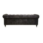 Alt text: IBERIA Three Seat Ebony Leather Sofa in Chesterfield design with deep button tufting, rolled arms, and ebony leather upholstery, classic three-seat sofa with vintage castor feet.