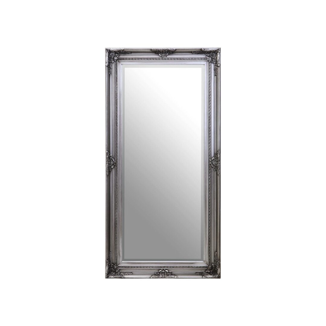 LORO Silver Ornate Wall Mirror – tall wall mirror with sleek silver wooden frame, modern reflective accent.