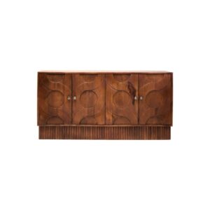 OLIVÉ Mangowood Sideboard – four-door carved mango wood sideboard with hammered details and interlocking motif.