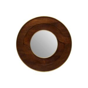 OLIVÉ Circular Mangowood Mirror – round hammered wood frame with gold detailing, modern wall mirror.