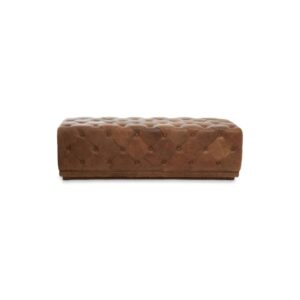 CHALIE Leather Rectangle Ottoman in vintage brown leather with tufted button detailing, rectangular design, and rustic vintage aesthetic.