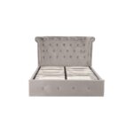 ELLI Grey Ottoman Double Bed with brushed velvet upholstery, diamond-tufted wingback headboard, rolled top, and ottoman storage base.