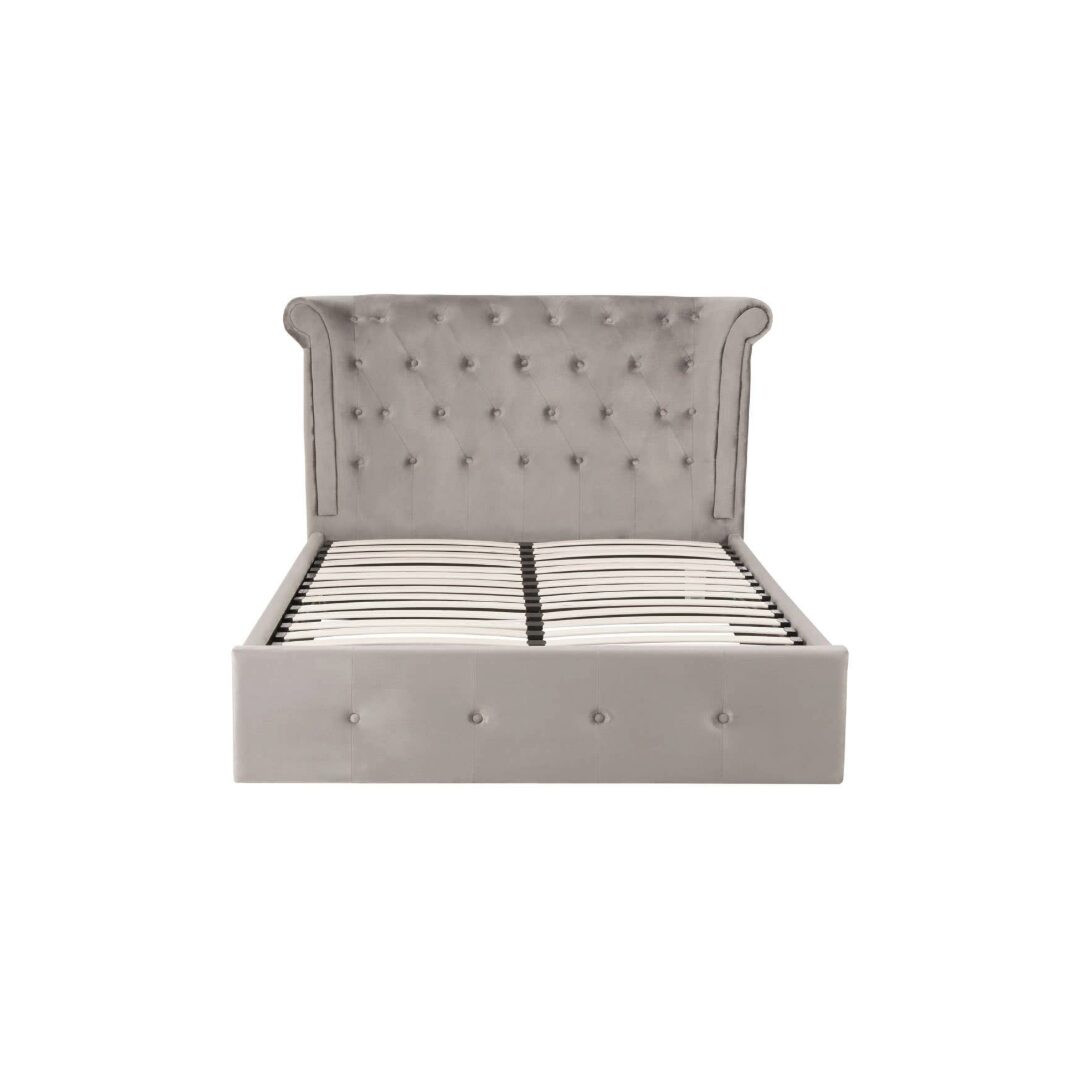 ELLI Grey Ottoman Double Bed with brushed velvet upholstery, diamond-tufted wingback headboard, rolled top, and ottoman storage base.