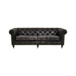 IBERIA Three Seat Ebony Leather Sofa in Chesterfield design with deep button tufting, rolled arms, and ebony leather upholstery, classic three-seat sofa with vintage castor feet.