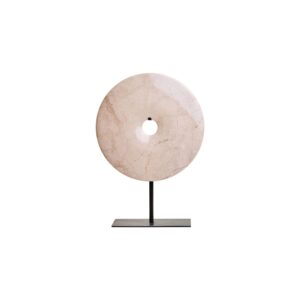 NAVIS Beige Marble Sculpture – Medium size polished cream marble disc with natural veining on black metal stand.