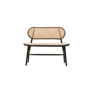 ETERO Natural Cane Bench – woven cane backrest with beige fabric seat and black elm wood frame, modern accent bench.