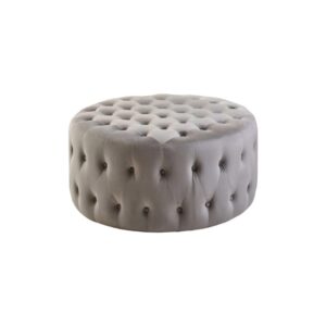 LUCRA Grey Velvet Footstool – round grey velvet footstool with button tufting and foam padding.