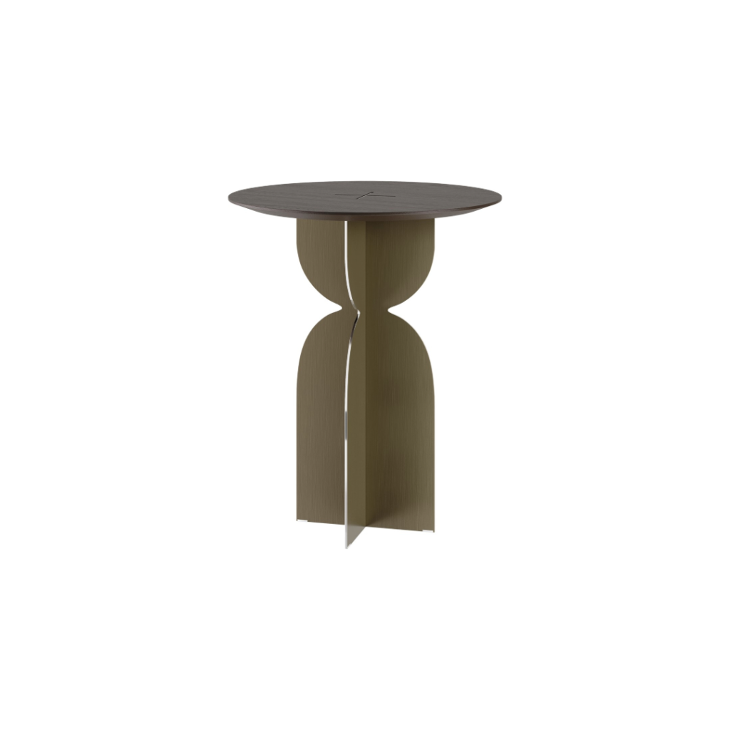 RAY Side Table with round oak veneer top and geometric stainless steel base &ndash; modern side table for living rooms and bedrooms.