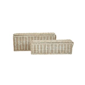 CADENZA White Wash Rattan Storage Trunks set of 2, rectangular woven rattan trunks with matching lids and metallic hinges, rustic storage boxes with whitewashed finish.
