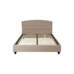 LAYA Beige Kingsize Bed with arched tufted headboard, beige hopsack upholstery, and stud detailing for a refined and contemporary bedroom design.
