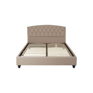 LAYA Beige Kingsize Bed with arched tufted headboard, beige hopsack upholstery, and stud detailing for a refined and contemporary bedroom design.