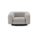 IVAN Birch Wood & Grey Fabric Armchair – modern curved armchair with grey fabric upholstery and birch wood frame.