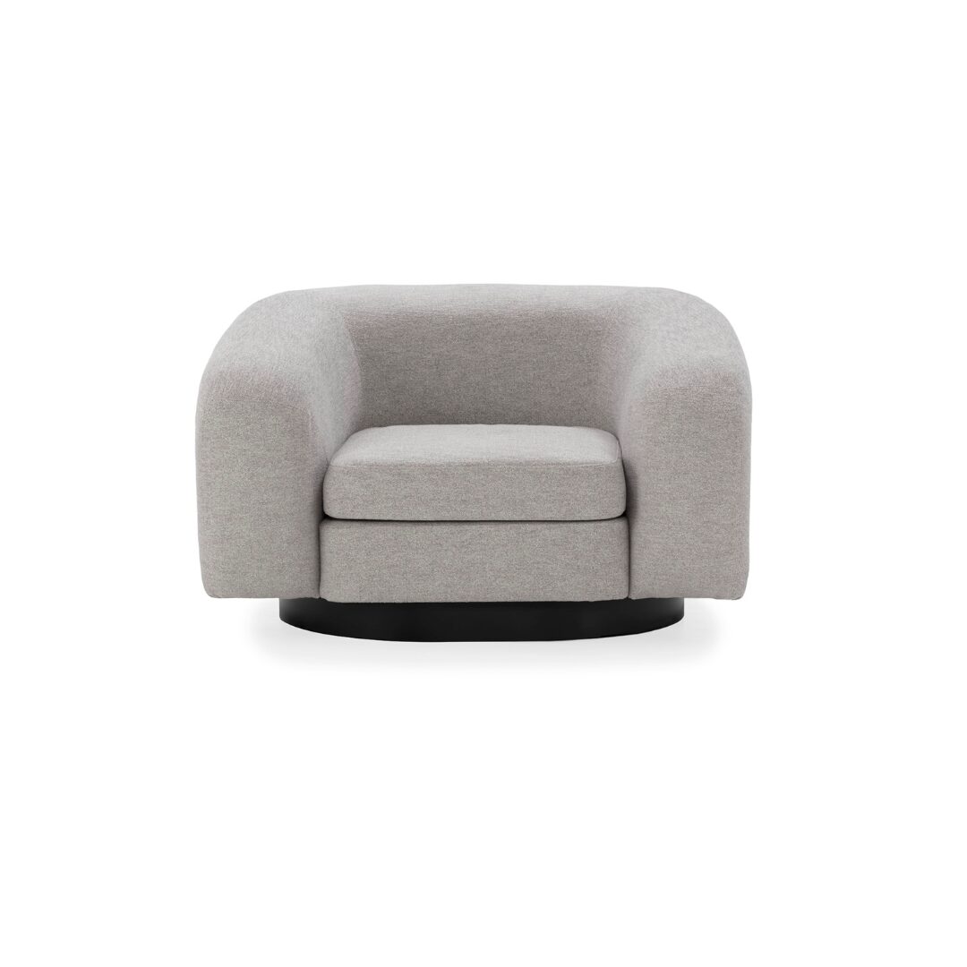 IVAN Birch Wood & Grey Fabric Armchair – modern curved armchair with grey fabric upholstery and birch wood frame.