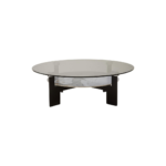 VIONA Large Ceramic and Glass Coffee Table – round grey glass top with marble-effect ceramic shelf and black iron legs.