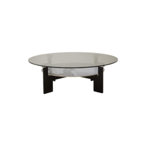 VIONA Large Ceramic and Glass Coffee Table – round grey glass top with marble-effect ceramic shelf and black iron legs.