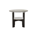 VIONA Small Ceramic and Glass Coffee Table – round grey glass top with marble-effect ceramic shelf and black iron legs.