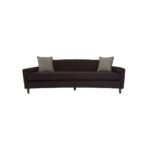RANIA three-seat black sofa with sweeping low-profile backrest, arcing arms, single curved cushion, and chevron-patterned dimity fabric upholstery on pine wood legs