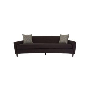 RANIA three-seat black sofa with sweeping low-profile backrest, arcing arms, single curved cushion, and chevron-patterned dimity fabric upholstery on pine wood legs