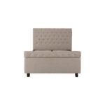 ROMIR Light-Grey Kingsize Ottoman Bed with hopsack fabric upholstery, rolled headboard and footboard, diamond button tufting, and spacious ottoman storage base.