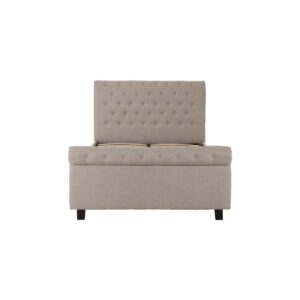 ROMIR Light-Grey Kingsize Ottoman Bed with hopsack fabric upholstery, rolled headboard and footboard, diamond button tufting, and spacious ottoman storage base.