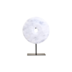 ZORO Large White Marble Disk Sculpture – polished white marble disc with natural veining on black metal stand, modern decorative centerpiece.