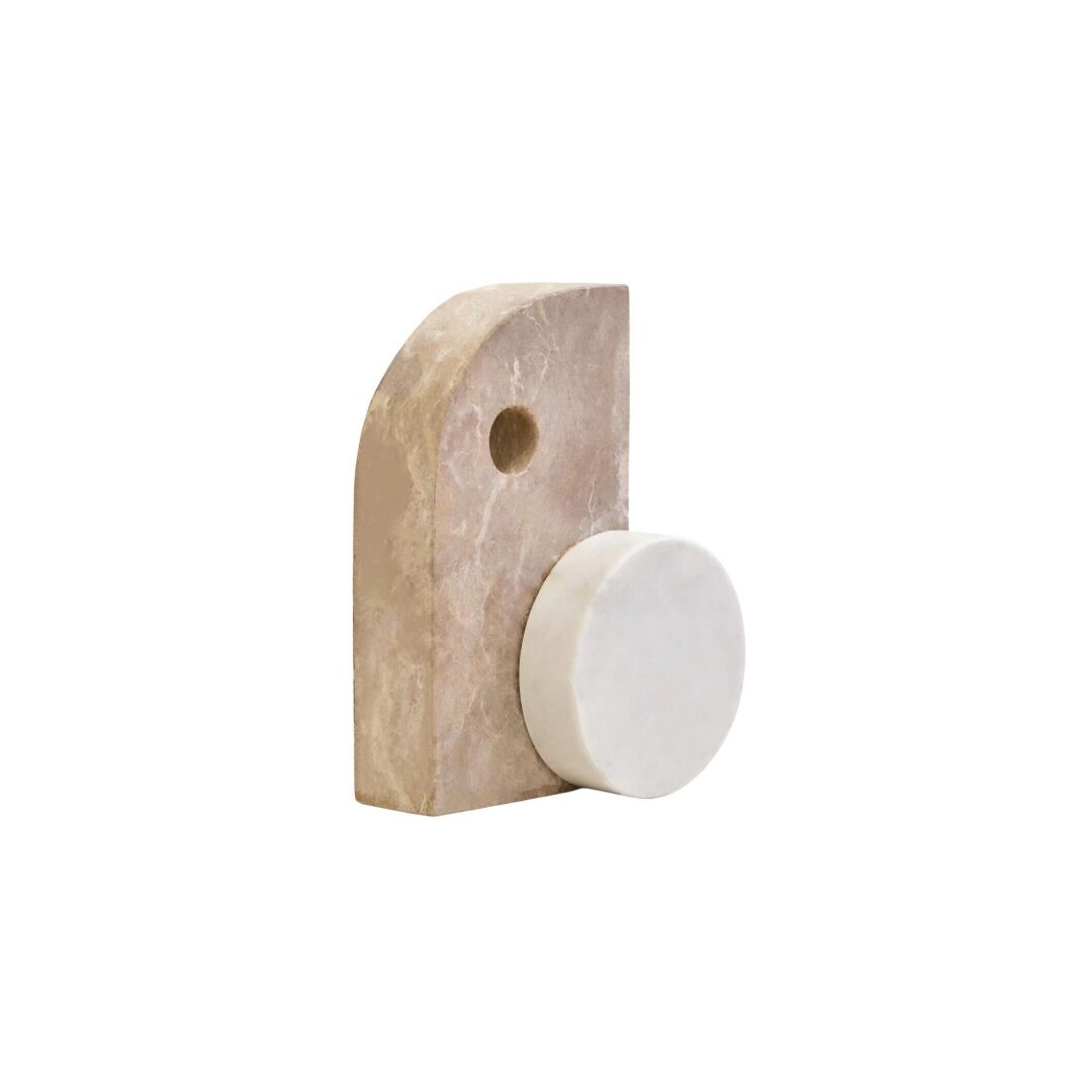 SANTINO Marble Sculpture with chocolate D-shaped marble form featuring a cut-out, anchored by a white round marble piece for a modern abstract decorative accent.