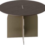 RAY Coffee Table with round oak veneer top and geometric stainless steel base – modern luxury furniture for living rooms.