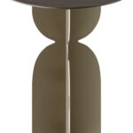 RAY Side Table with round oak veneer top and geometric stainless steel base – modern side table for living rooms and bedrooms.
