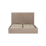 VELAR Mink Ottoman Kingsize Bed with plush velvet upholstery, button-tufted headboard, stud detailing, and integrated ottoman storage base.