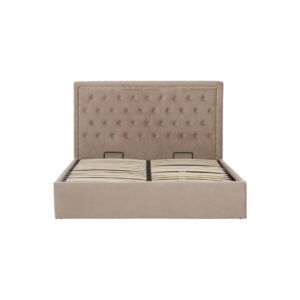 VELAR Mink Ottoman Kingsize Bed with plush velvet upholstery, button-tufted headboard, stud detailing, and integrated ottoman storage base.
