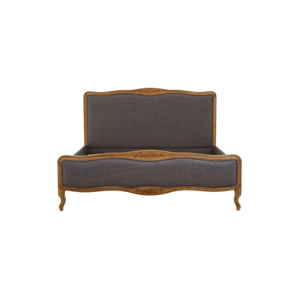 EMILIA Super Kingsize Bed in grey fabric with oak wood trims, featuring shaped headboard and footboard for a timeless and elegant bedroom centrepiece.