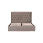 VELAR Grey Ottoman Kingsize Bed with plush velvet upholstery, button-tufted headboard, stud detailing, and integrated ottoman storage base.