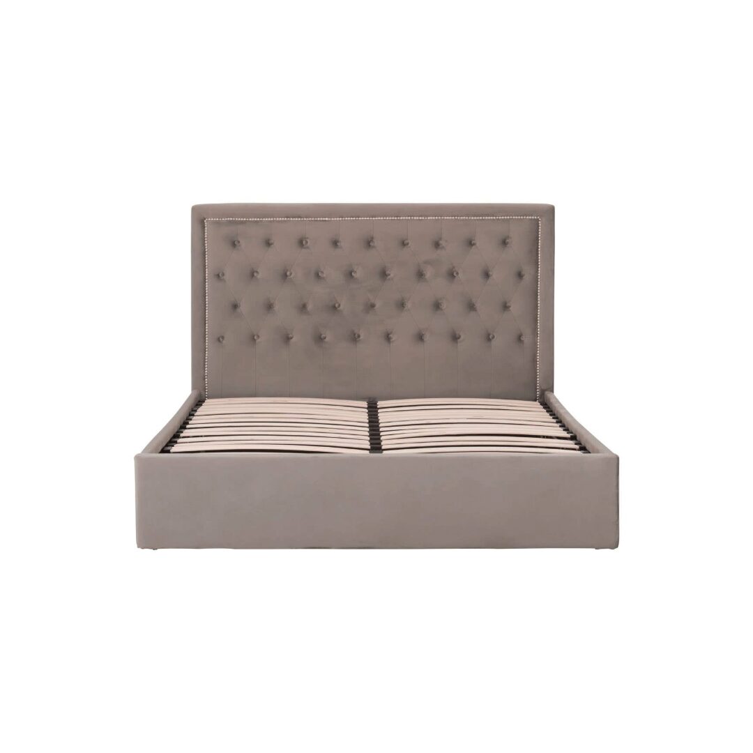 VELAR Grey Ottoman Kingsize Bed with plush velvet upholstery, button-tufted headboard, stud detailing, and integrated ottoman storage base.