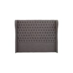 ANTON Super Kingsize Grey Headboard upholstered in grey fabric with deep button tufting, tall wingback sides, and a mid-century modern silhouette.