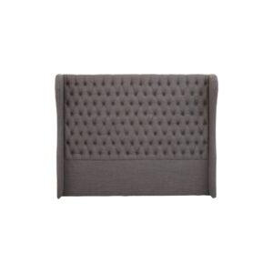 ANTON Super Kingsize Grey Headboard upholstered in grey fabric with deep button tufting, tall wingback sides, and a mid-century modern silhouette.