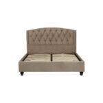 LAYA Mink Double Bed with brushed velvet upholstery, diamond-tufted arched headboard, metallic button detailing, and black orb feet.