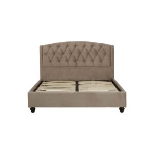 LAYA Mink Double Bed with brushed velvet upholstery, diamond-tufted arched headboard, metallic button detailing, and black orb feet.