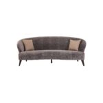 ALDO three-seat grey velvet sofa with oatmeal-toned sides and back, rounded armrests, curved seat front, and slim black pine wood legs for a modern and elegant look.