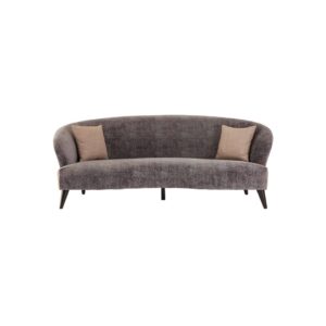ALDO three-seat grey velvet sofa with oatmeal-toned sides and back, rounded armrests, curved seat front, and slim black pine wood legs for a modern and elegant look.