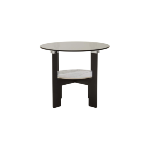 VIONA Small Ceramic and Glass Coffee Table – round grey glass top with marble-effect ceramic shelf and black iron legs.