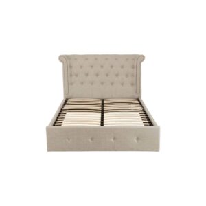 ELLI Grey Ottoman Double Bed with winged rolled-edge headboard, button-tufted panels, and soft light grey linen upholstery, offering classic style and storage functionality.