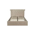 ELLI Beige Ottoman Double Bed with winged headboard, rolled edges, tufted detailing, and muted beige linen upholstery, combining luxe contemporary style with ottoman storage.