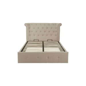 ELLI Beige Ottoman Double Bed with winged headboard, rolled edges, tufted detailing, and muted beige linen upholstery, combining luxe contemporary style with ottoman storage.