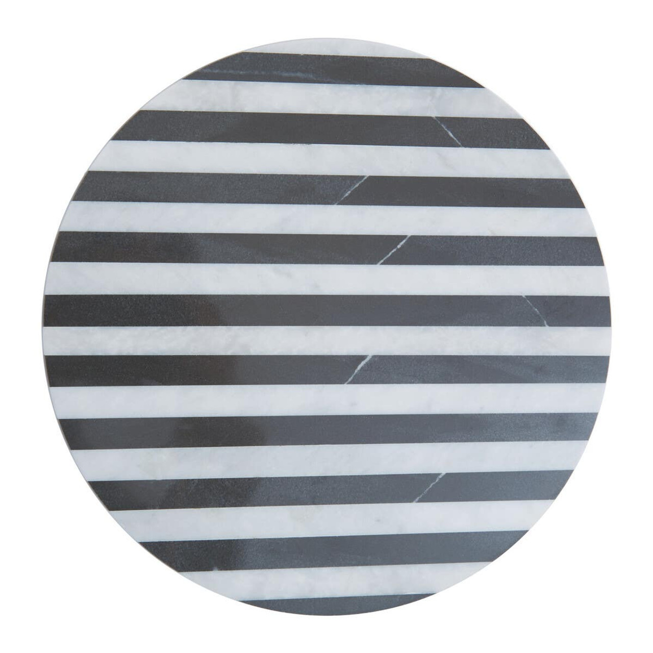 SOMA Small Black and White Marble Round Cheese Board featuring striped black and white marble design displayed with cheese and charcuterie.