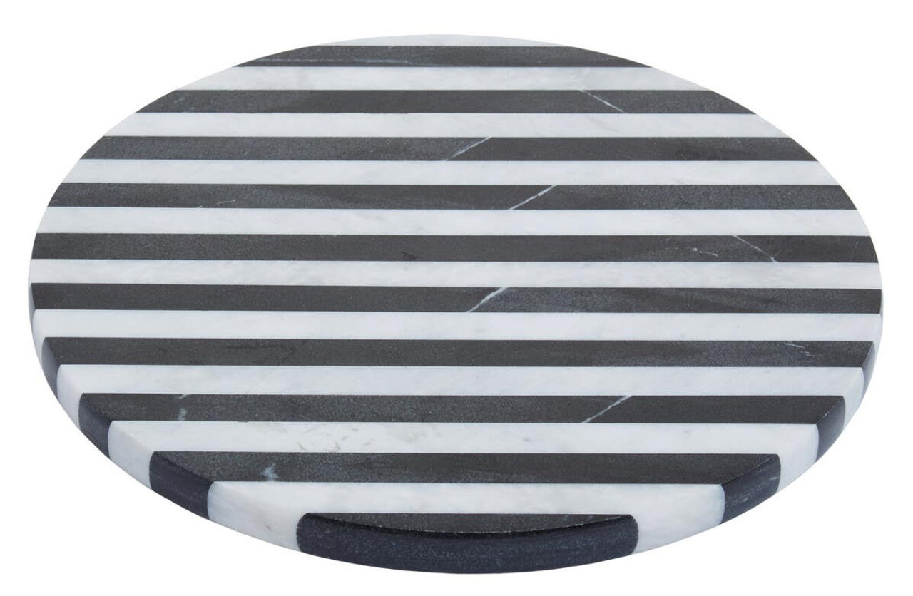 SOMA Small Black and White Marble Round Cheese Board featuring striped black and white marble design displayed with cheese and charcuterie.