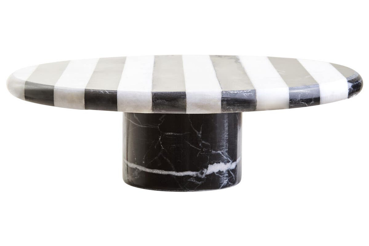 SOMA Large Black and White Marble Cake Stand with striped marble top and cylindrical black marble base displayed with cakes and desserts.